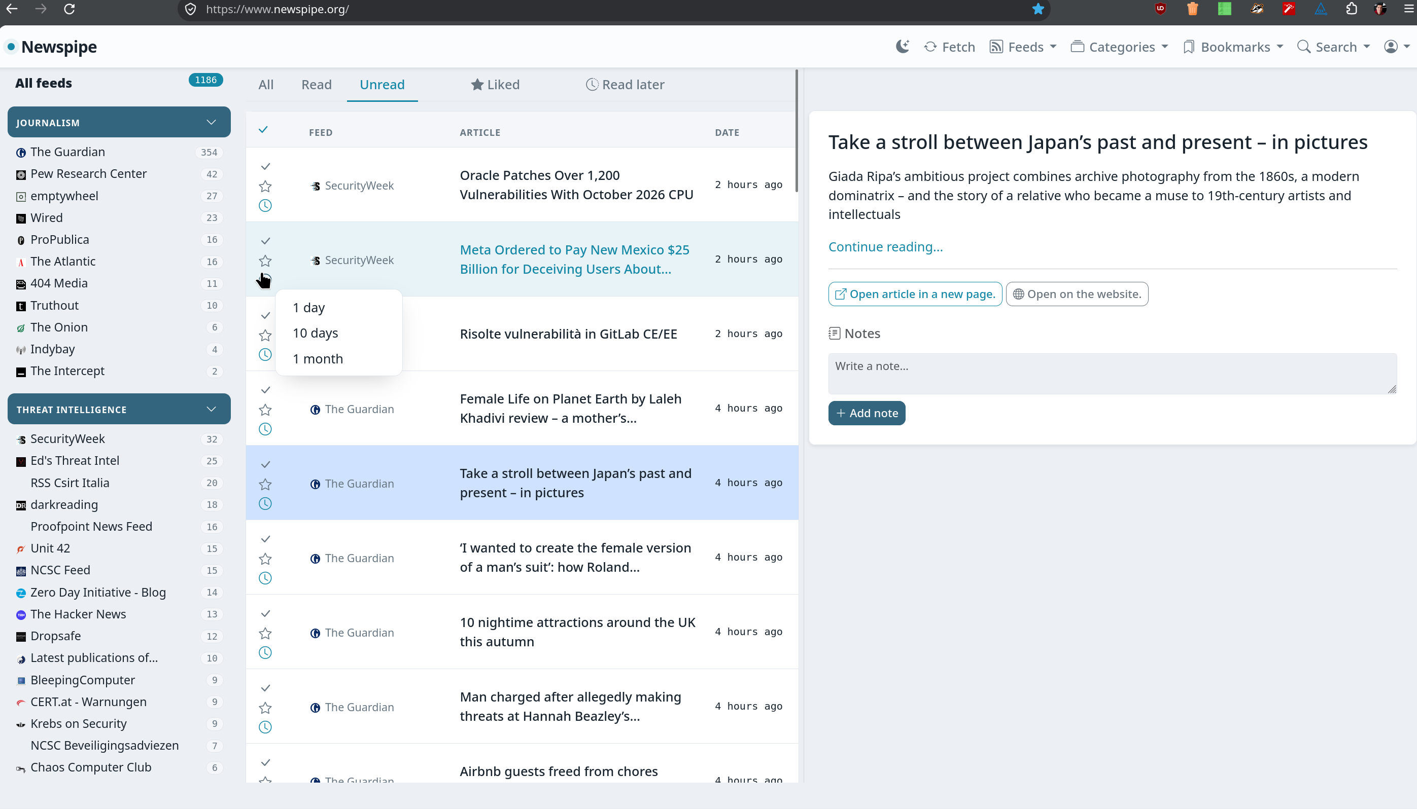 The Newspipe home page with the reading pane, the notes panel and the “read later” menu